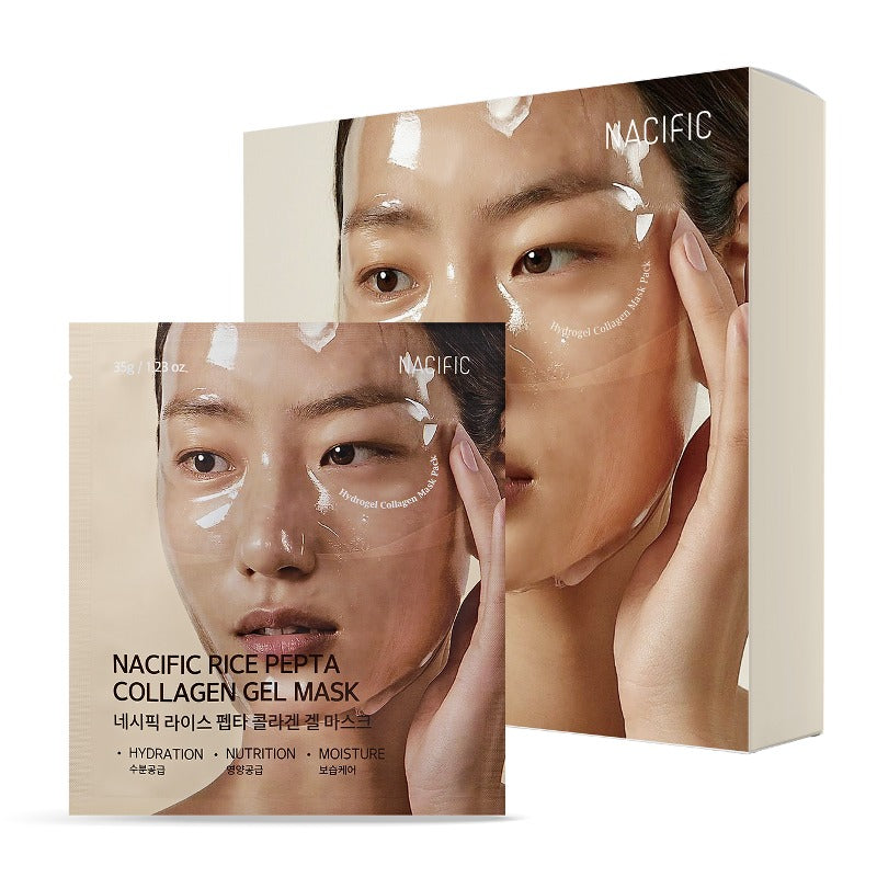 Nacific Rice Pepta Collagen Gel Mask packaging with images of a woman applying the mask.