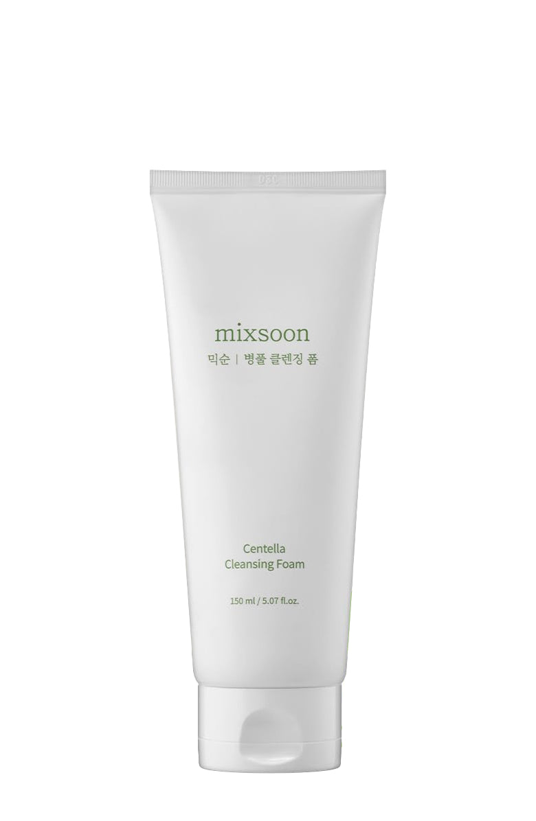 A tube of mixsoon Centella Cleansing Foam, predominantly white in color with green text.