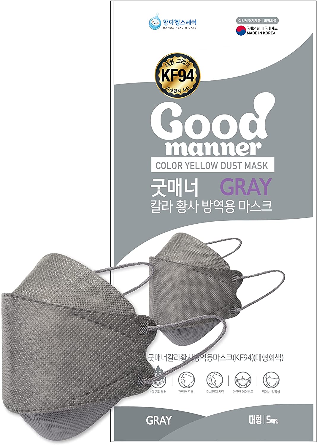 Good Manner Premium KF94 Disposable Face Masks (Pack of 5) - GRAY